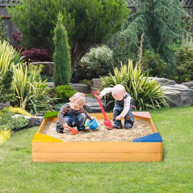 Natural Wood Sandbox with Integrated Colourful Corner Benches | Open-Bottom Design for Easy Drainage & 250kg Sand Capacity