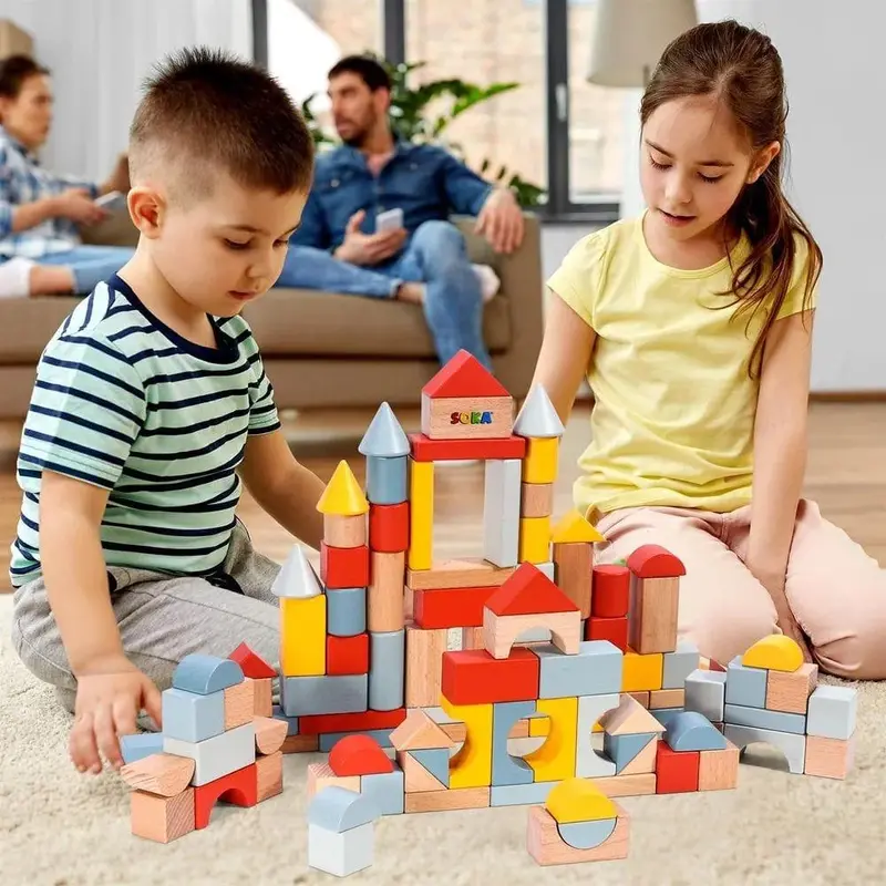 Natural Wooden Building Block Set – 100-Piece Open-Ended Construction Toy for Creative Play