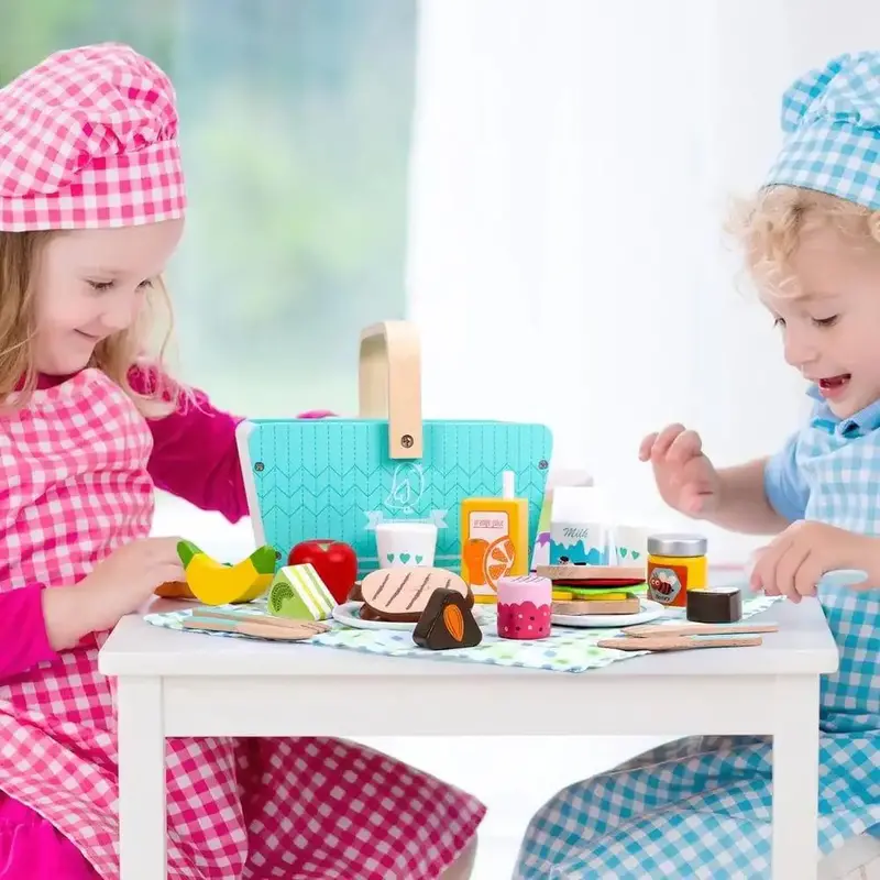 Natural Wooden Picnic Basket Playset with Food, Tableware & Blanket for Imaginative Play | SOKA®