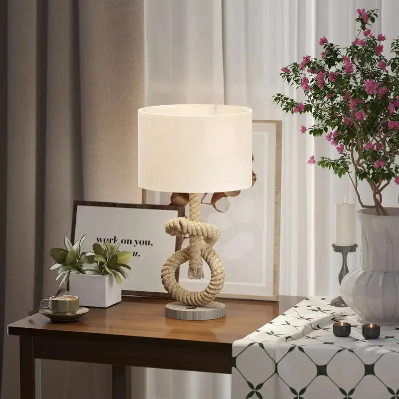 Nautical-Themed USB Table Lamp – Rope-Wrapped Base, Linen Shade & Warm LED Bedside Light by HOMCOM