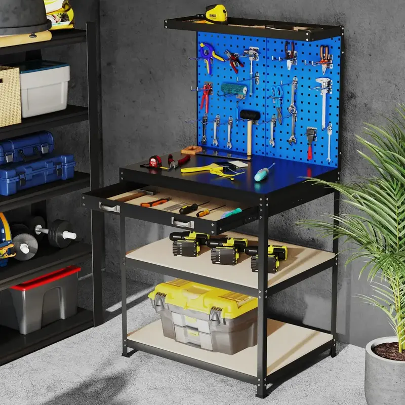 Navy Blue Heavy-Duty Workbench – Industrial Metal Garage Table with Modular Pegboard & Hanging Solutions by COSTWAY