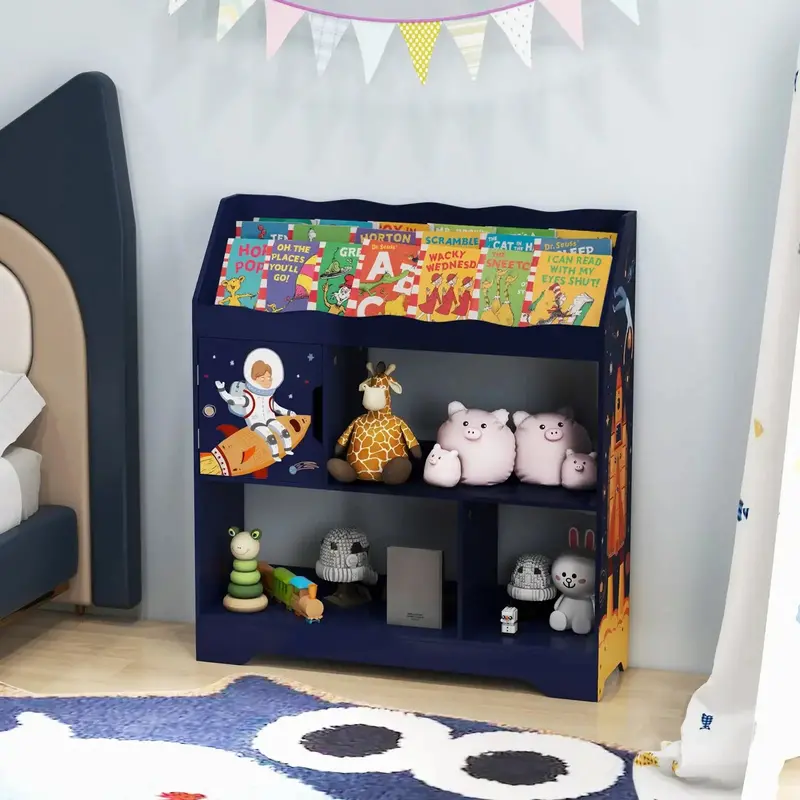 Navy Kids Storage Shelf – Bookcase with Enclosed Cabinet & Multi-Compartment Design – COSTWAY