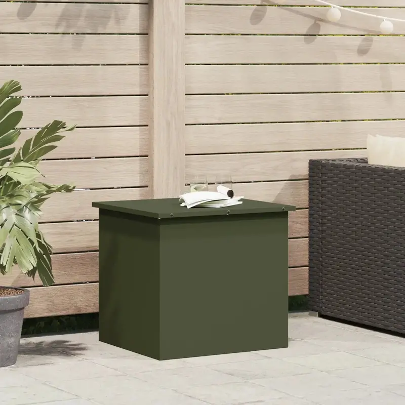 Olive Green Industrial-Style Outdoor Storage Box – Weatherproof Metal Chest for Garden or Patio