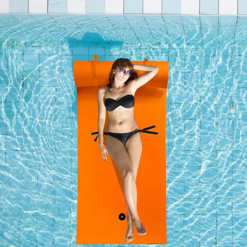Orange Floating Water Mat with Rolling Pillow – Tear-Resistant Inflatable Pool Pad by COSTWAY