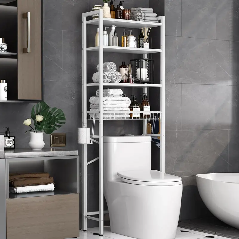 Over-Toilet 4-Tier Bathroom Shelf Organizer – Adjustable Height, Freestanding Space-Saving Design – Pure White