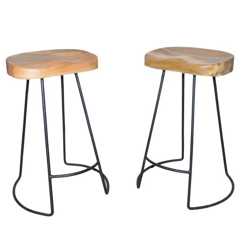 Pair of 25-Inch Natural & Black Wood-and-Steel Backless Counter Chairs