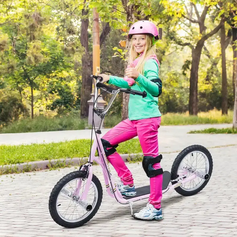 Pink Adjustable Big Wheel Scooter for Kids – 16-Inch Inflatable Tires by HOMCOM