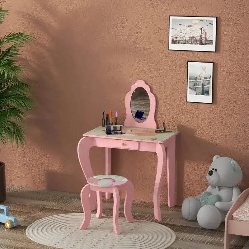 Pink Animal-Print Kids’ Vanity Table | Acrylic Mirror, Storage Drawer & Coordinating Stool