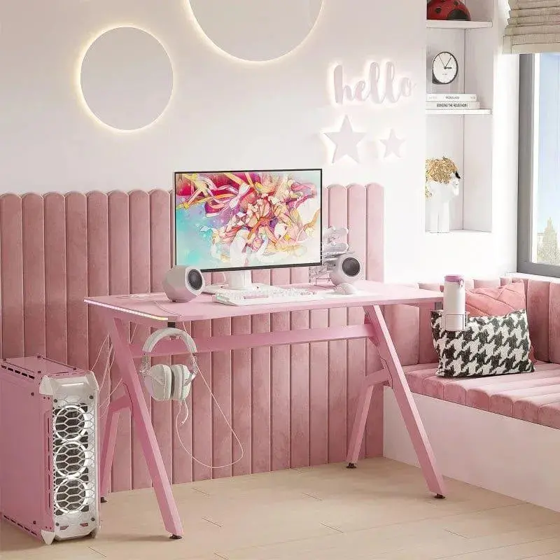 Pink Carbon Fibre Gaming Desk with RGB LED Lighting and Remote Control