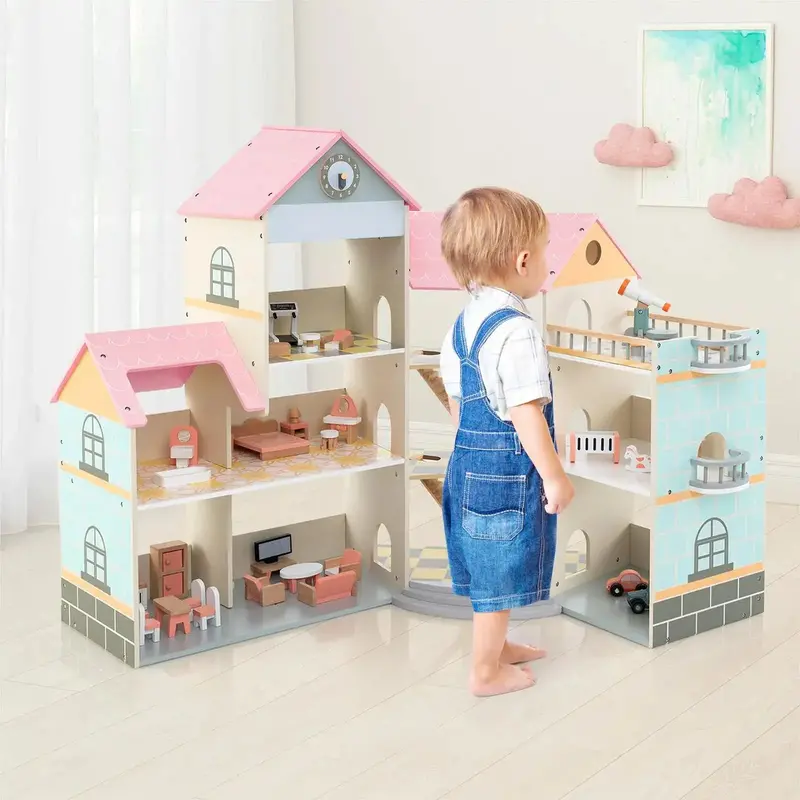 Pink Corner Dollhouse with 3 Floors & 42-Piece Furniture Set | Realistic Play Space by COSTWAY