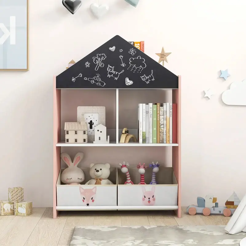 Pink Dollhouse-Style Bookshelf for Kids – Chalkboard + Whiteboard Features – COSTWAY