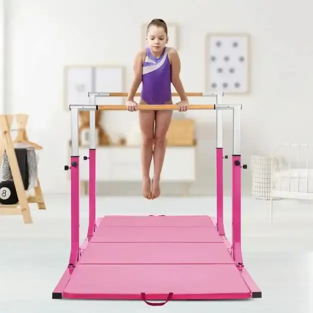 Pink Double Horizontal Bars for Kids – Gymnastic Parallel Bars with 100 kg Weight Capacity by COSTWAY