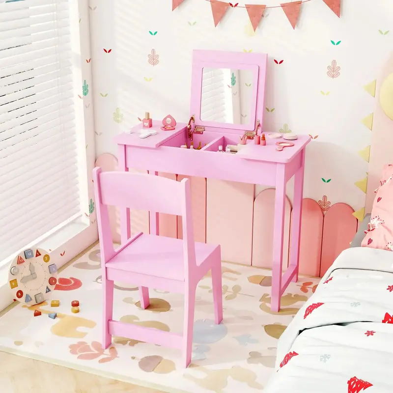 Pink Kids Vanity Desk Set – 2-in-1 Flip Mirror Dress-Up Station with Built-In Storage