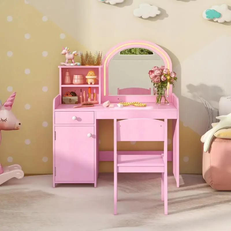 Pink Kids’ Vanity Desk Set with Light-Up Mirror, Adjustable LED Lighting, and Dual-Color Temperature Control – Includes Stool by COSTWAY