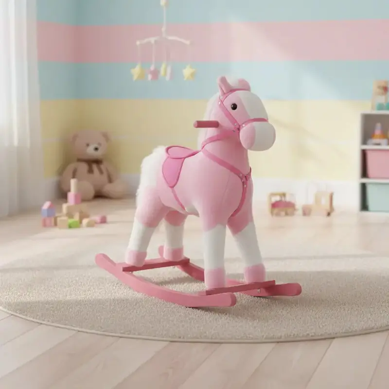 Pink Rocking Horse Toy – Wooden Rocker with Realistic Neighing Sound and Stable Safety Design