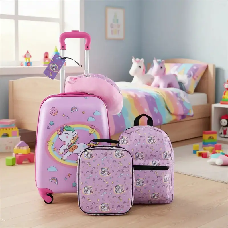 Pink Travel Set for Children – 5-Piece Luggage Bundle Including Backpack, Lunch Bag & Neck Pillow by COSTWAY