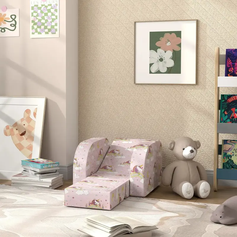 Pink Unicorn & Rainbow Foldable Kids Armchair – Compact Toddler Lounger by AIYAPLAY