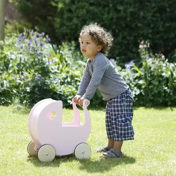 Pink Wooden Toy Pram for Toddlers – Eco-Friendly Push-Along Doll Carriage by MOOVER