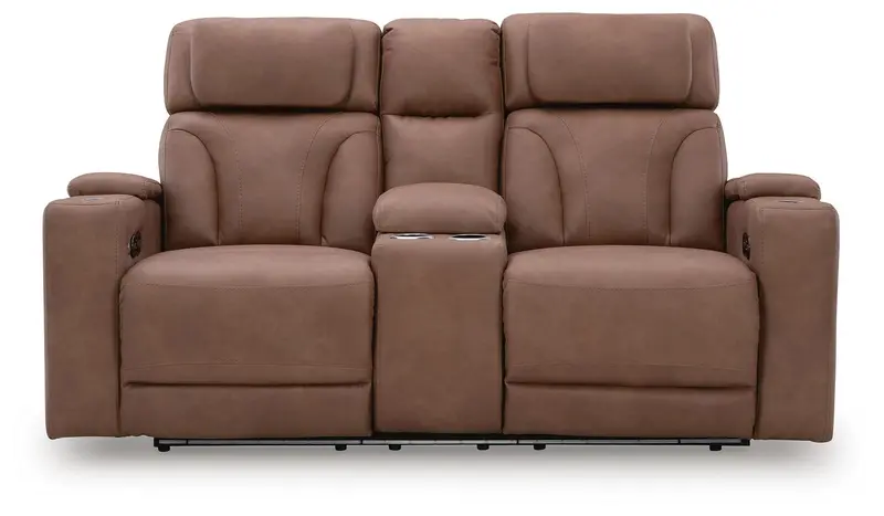 Point Clear Caramel Power Reclining Loveseat Featuring Console and Adjustable Headrest