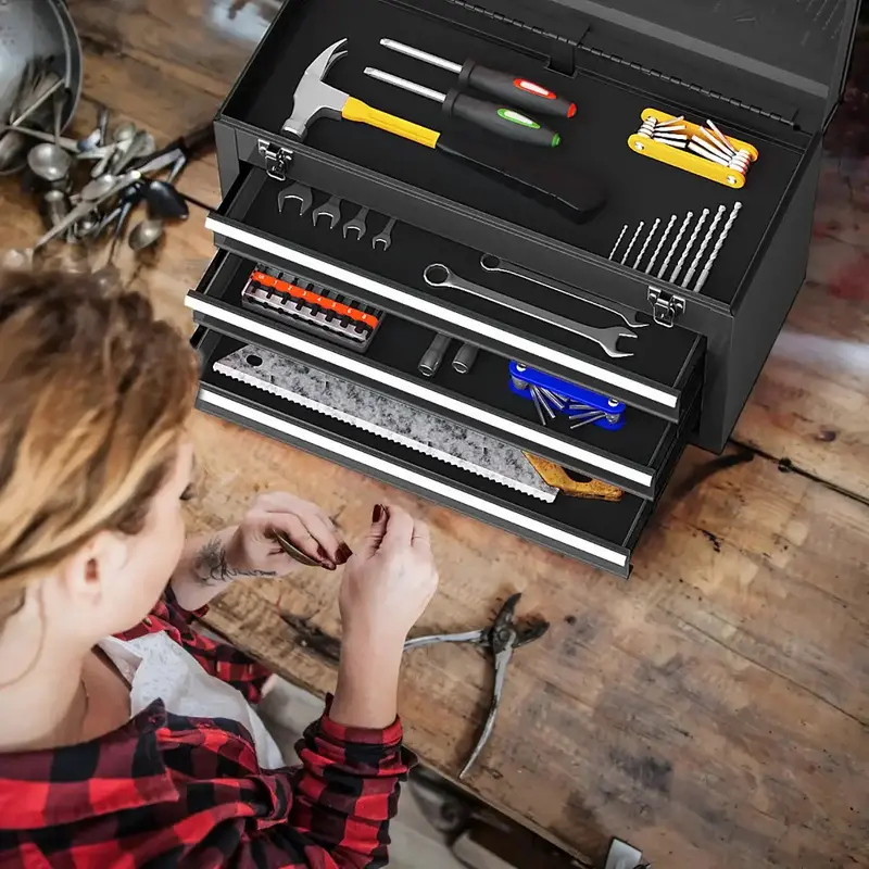 Portable 3-Drawer Black Tool Box – Lockable Metal Storage Chest with Top Tray & Carry Handle by COSTWAY