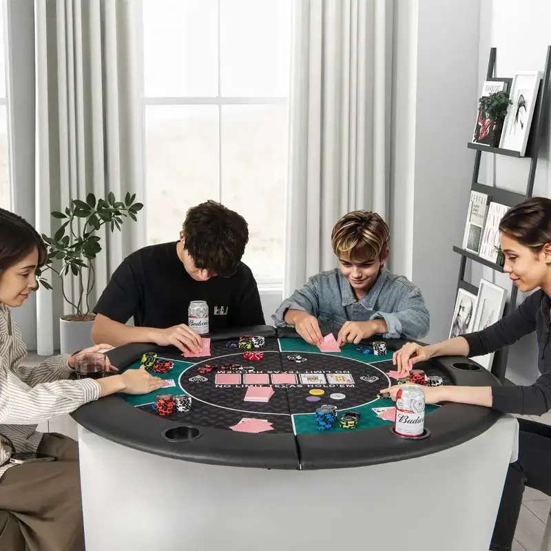 Portable Round Blackjack Mat – 6-Player Casino-Style Gaming Surface with Cup Holders & Carry Bag by COSTWAY