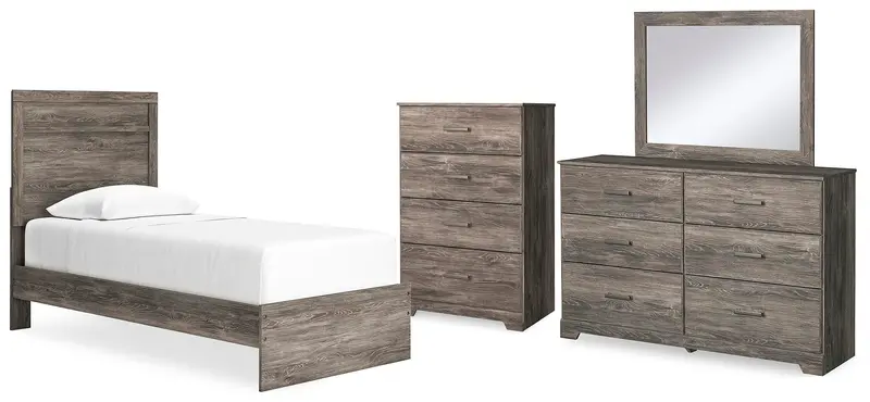 Ralinksi Gray Twin Panel Bed Set with Mirrored Dresser and Chest