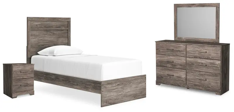 Ralinksi Gray Twin Panel Bed with Mirrored Dresser and Nightstand
