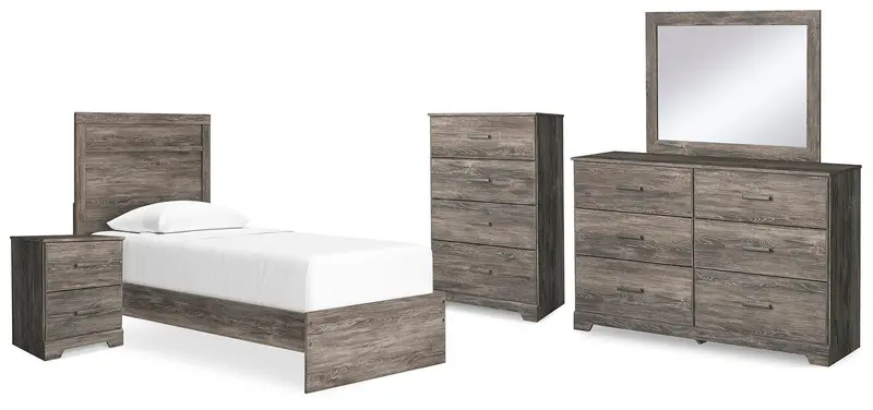 Ralinksi Gray Twin Panel Bed with Mirrored Dresser, Chest, and Nightstand