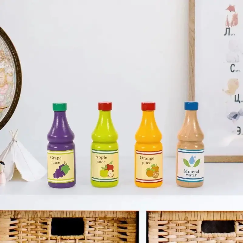 Realistic Wooden Beverage Playset – 4 Bottle Set with Authentic Labels for Imaginative Drink Shop Play