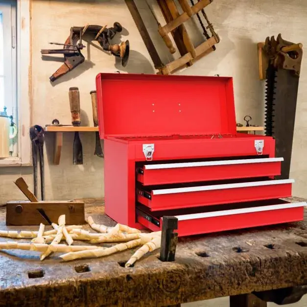 Red Portable 3-Drawer Tool Box – Lightweight Steel Chest with Top Tray, Handle & Smooth-Glide Drawers by COSTWAY