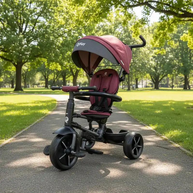 Rito Deluxe 3-in-1 Tricycle – Burgundy Foldable Trike with Adjustable Telescopic Push Bar by QPLAY