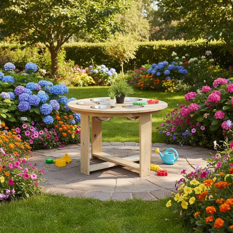 Round Outdoor Sand and Sensory Play Table – Stainless Steel Bowls Built into Weather-Resistant Base