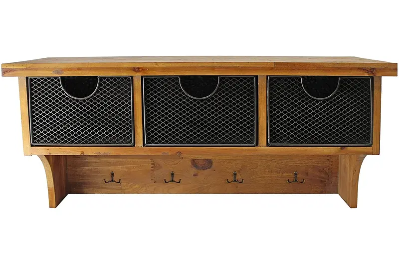 Rustic Wooden Wall Shelf with Three Drawers and Hooks