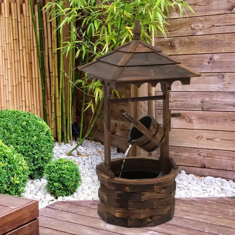 Rustic Wooden Wishing Well Fountain – Electric-Powered Fir Wood Garden Water Feature