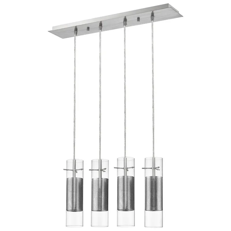 Scope Four-Light Brushed Nickel Pendant with Dual Glass and Metal Mesh Shades
