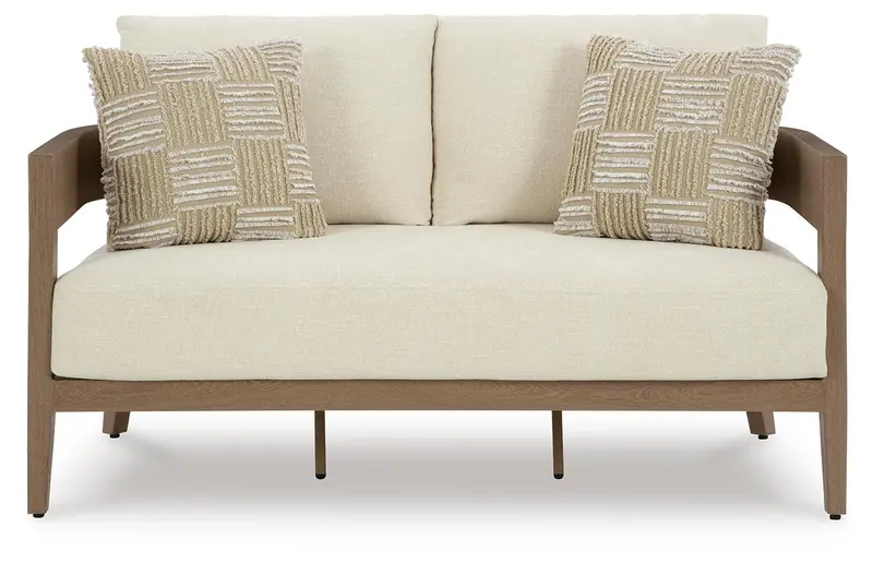 Serene Bay Loveseat in Dark Brown and White Upholstery with Cushions