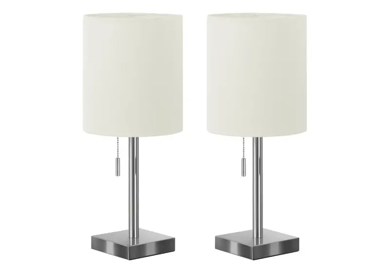 Set of Two 17-Inch Silver Metal USB Candlestick Table Lamps with Ivory Drum Shades