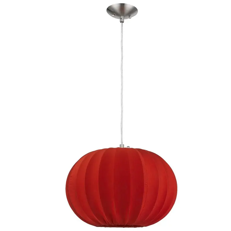 Shanghai Single-Light Brushed Nickel Pendant with Sheer Red Ribbon Shade