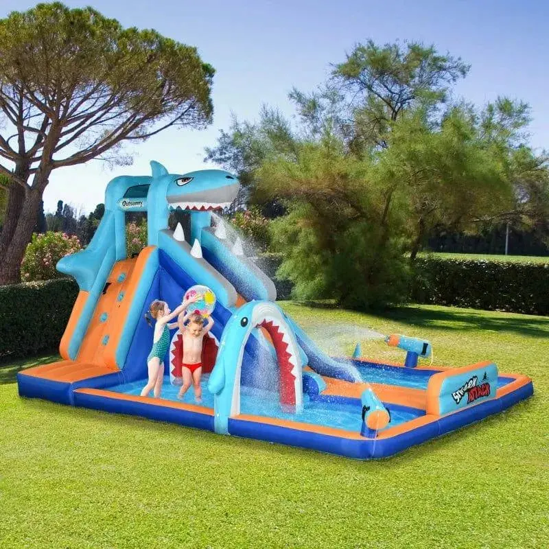 Shark-Themed 6-in-1 Inflatable Water Park | Slide, Climbing Wall, Pool, Water Gun & More | OUTSUNNY