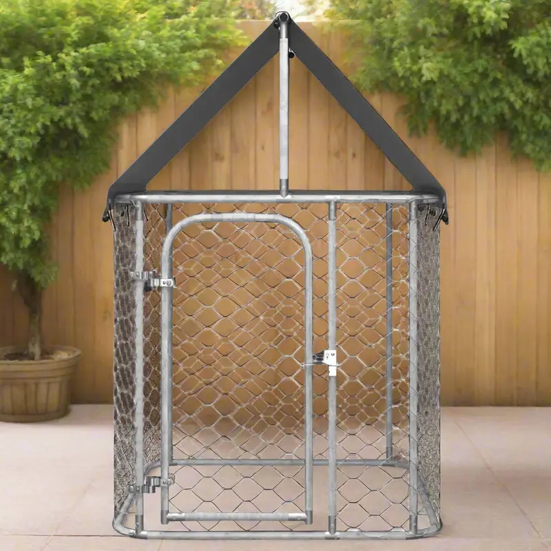 Silver Galvanised Outdoor Dog Kennel with Roof | Secure Mesh Run Enclosure
