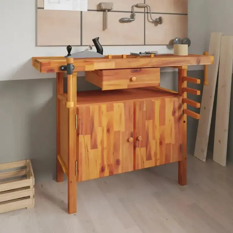 Solid Acacia Wood Workbench | Functional Workshop Table with Dual Vices, Drawer & Storage Compartment by VIDAXL