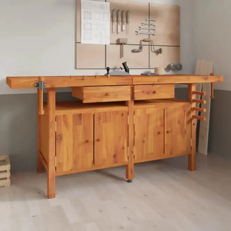 Solid Acacia Wood Workbench with Integrated Vise, Storage Drawers & Cabinet