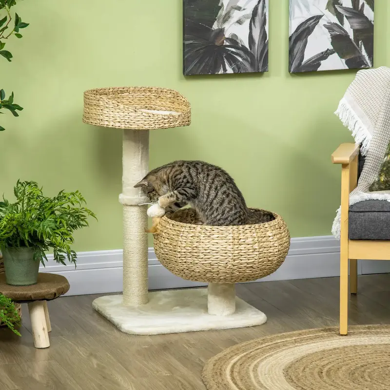 Straw-Woven Multi-Level Cat Tree – Tower with Beds, Scratching Posts & Hanging Toy Ball by PAWHUT