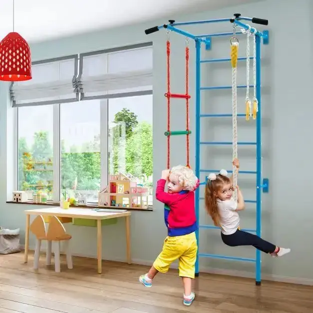 Swedish Ladder Wall Gym for Kids – Indoor Stall Bars Set with Pull-Up Bar, Rope, Rings & Mounting Hardware by COSTWAY