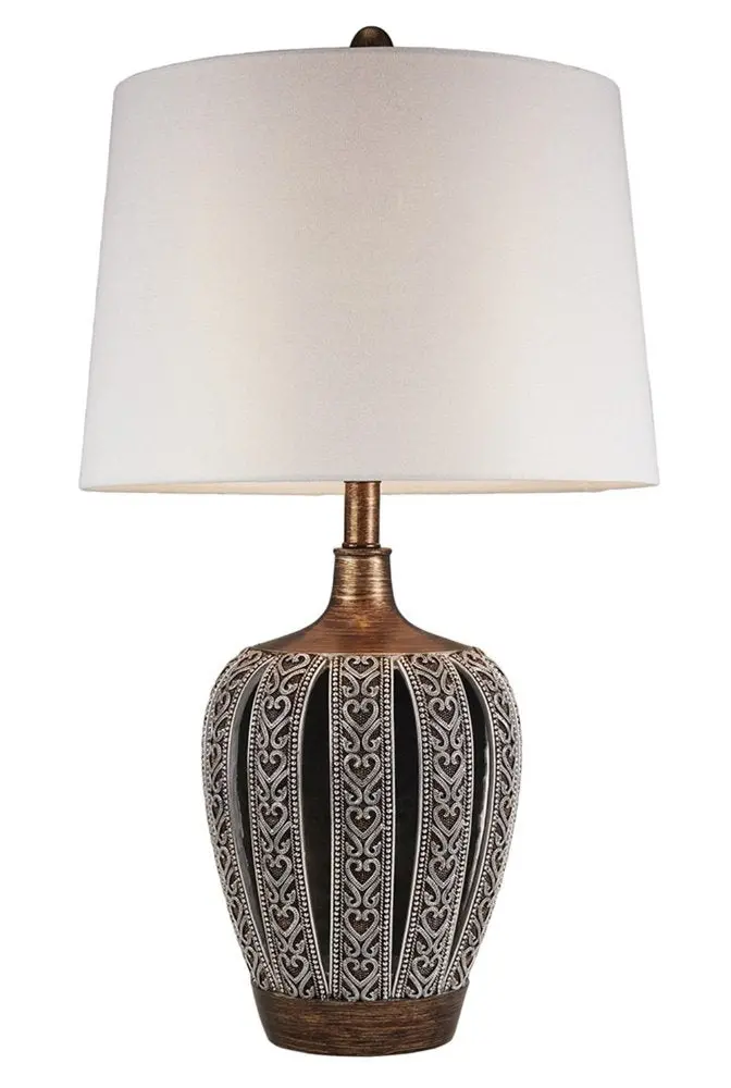 Tall Brown Ceramic Table Lamp with White Linen Shade
