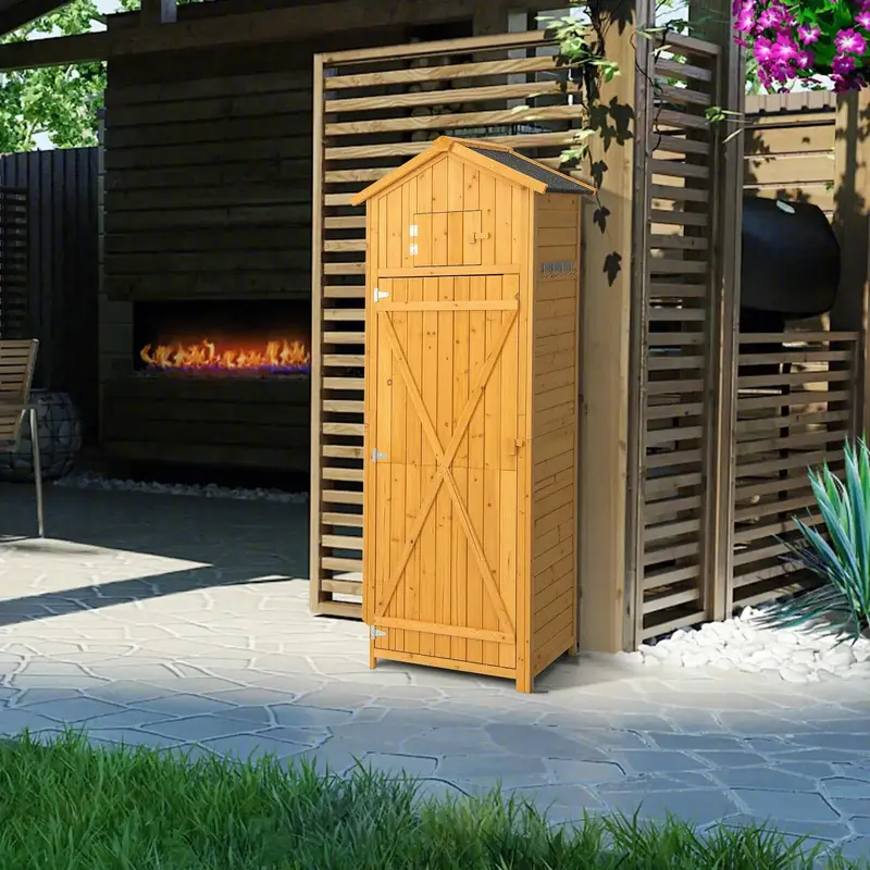 Tall Fir Wood Garden Storage Shed – Foldable Tabletop & Lockable Upper Cabinet by COSTWAY