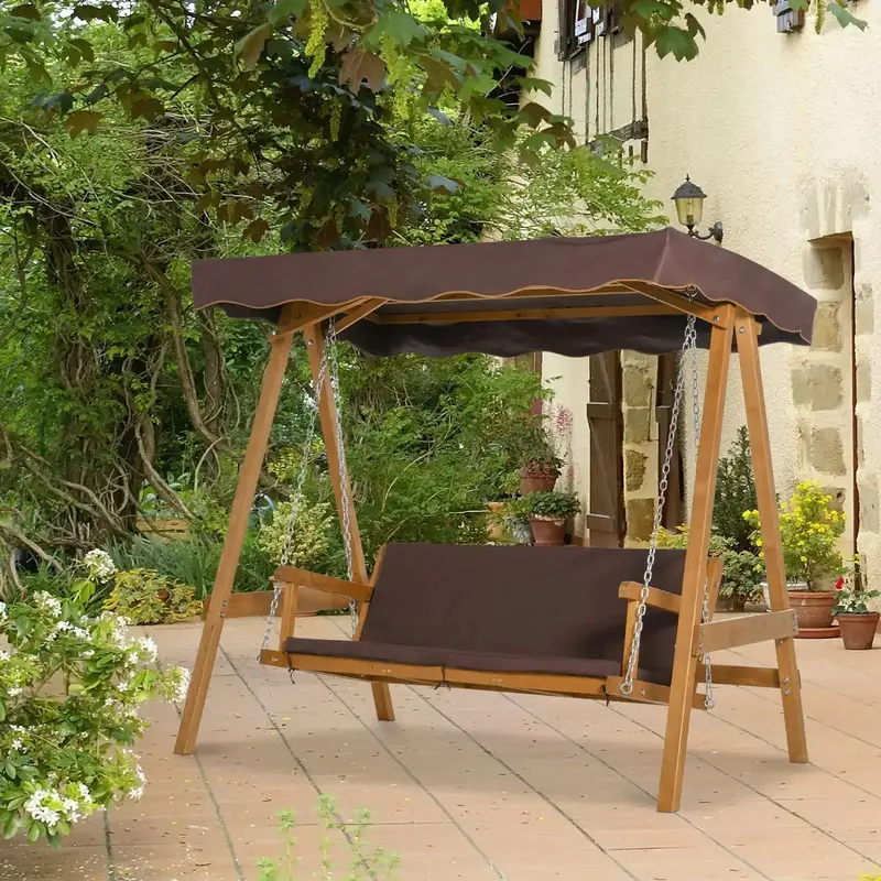 Three-Seater Wooden Garden Swing with Oxford Canopy – Brown Fir, OUTSUNNY