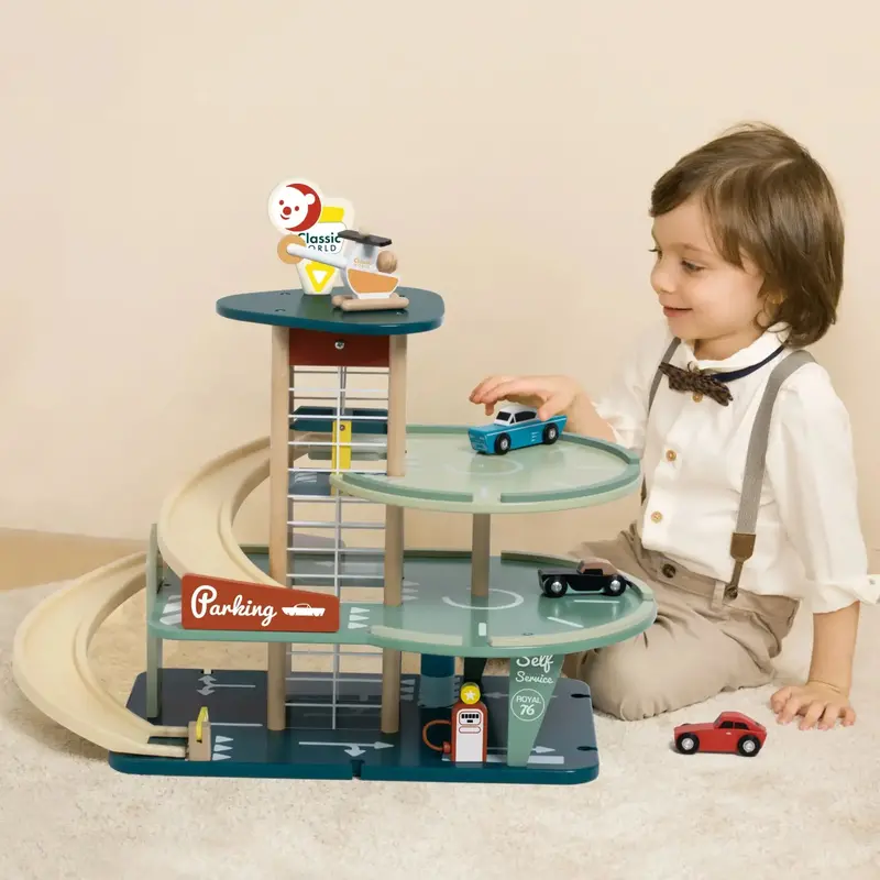 Three-Tier Wooden Garage Playset with Vehicle & Helicopter Features | Classic World Design