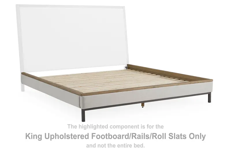 Tomtyn Light Brown Upholstered King Bed with Support Rails and Roll Slats