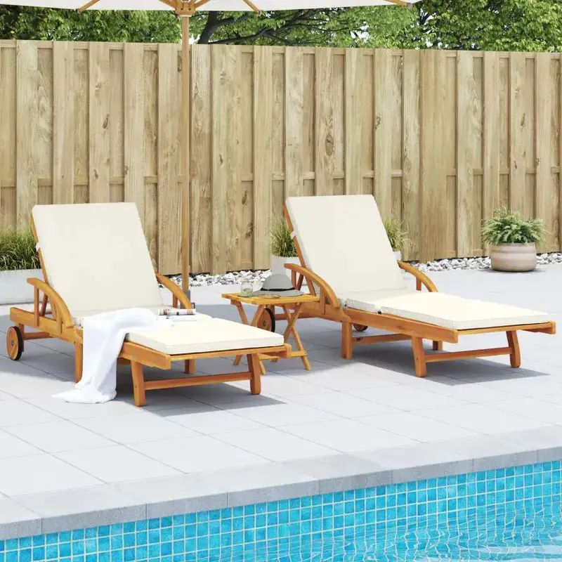 Two Acacia Wood Sun Loungers with Cushions – 200x68x83cm Ergonomic Outdoor Recliners